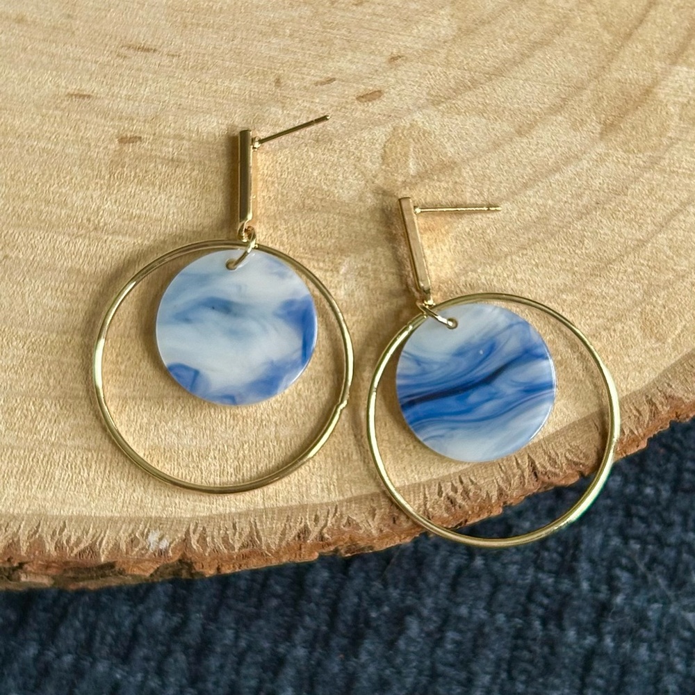 Unique Sky Blue Goldish Bohemian Unique Chic Statement Drop Earrings - Picture 3 of 3